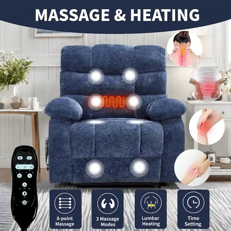 Poltrona reclinabile power lift di grandi dimensioni con massaggio, calore lombare e porta di ricarica