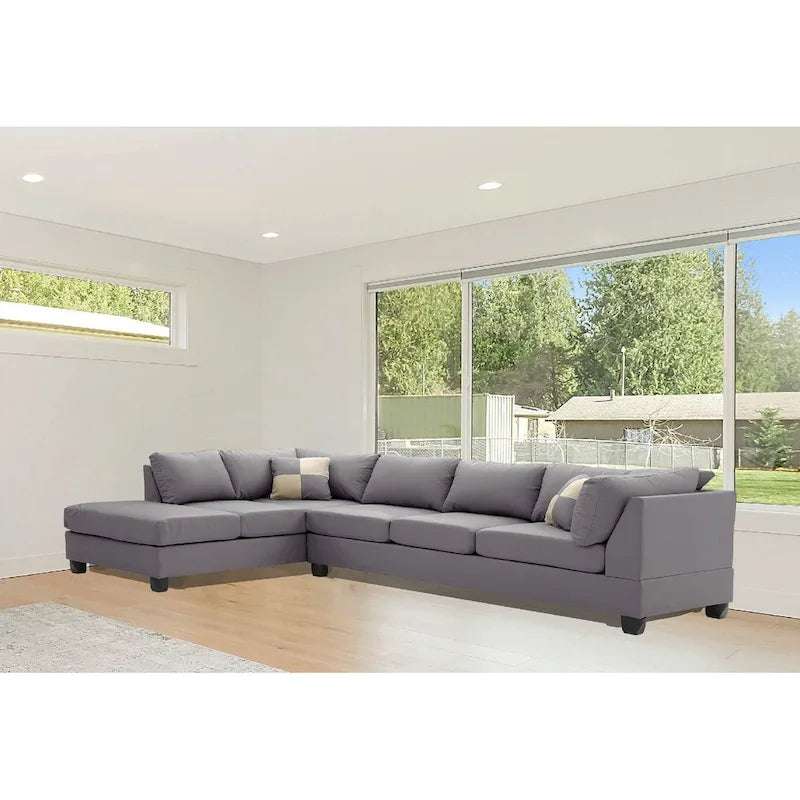 Divano sezionale a 4 posti con chaise longue reversibile e cuscini decorativi - Grigio