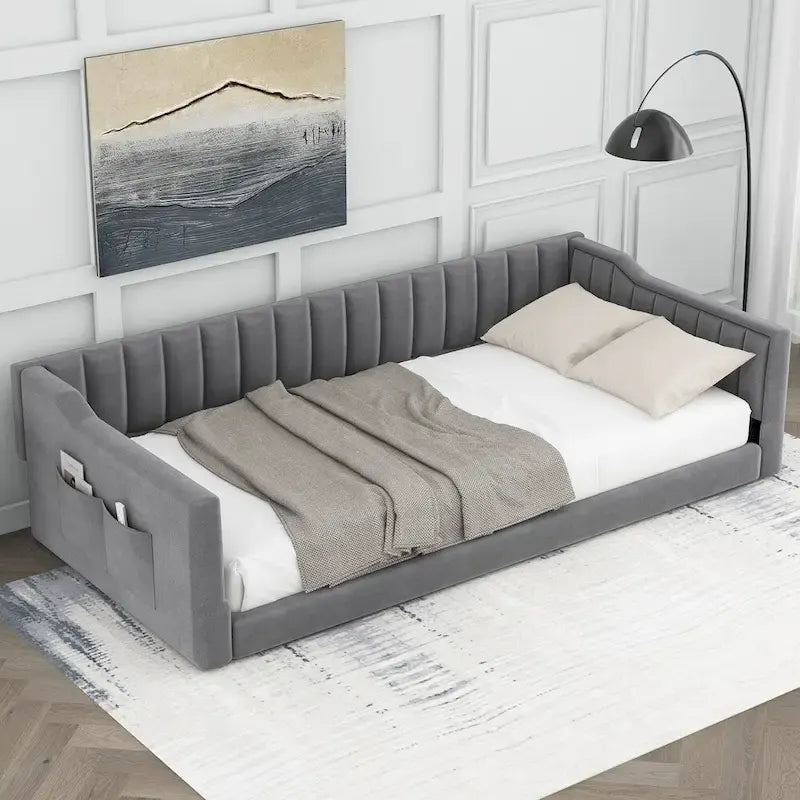 Divano letto in velluto Twin XL con base a doghe in legno curvato