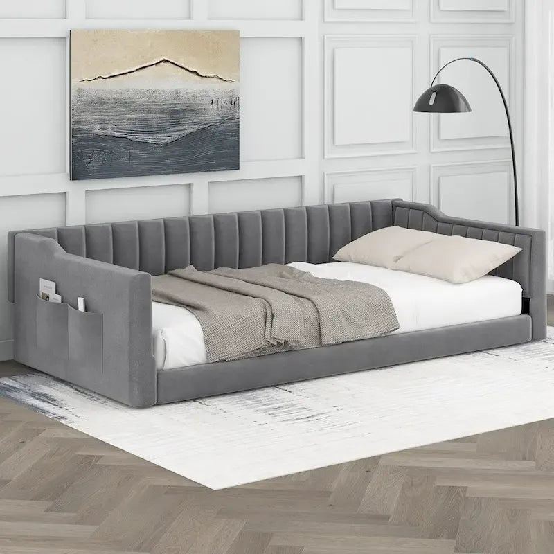 Divano letto in velluto Twin XL con base a doghe in legno curvato