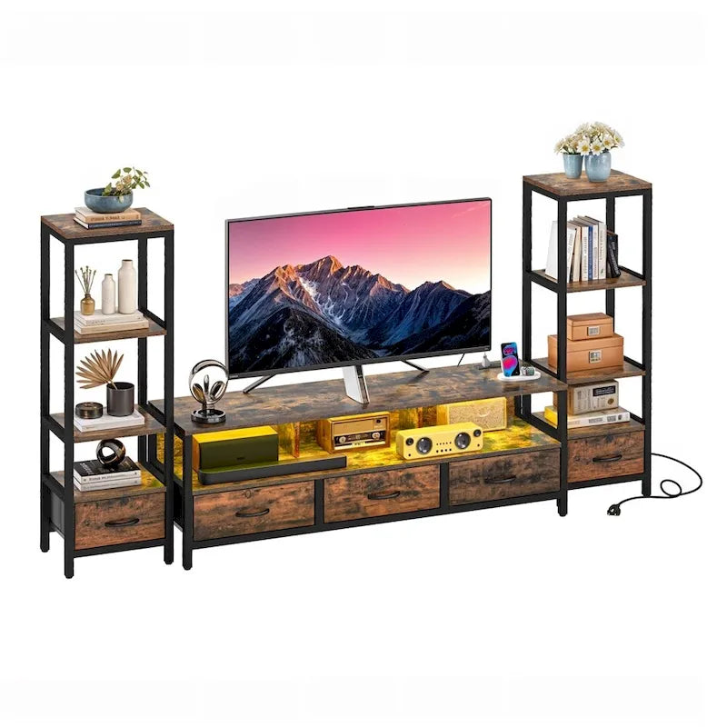 Mobile TV con libreria a 4 ripiani e illuminazione a LED, adatto per TV fino a 65 pollici - Larghezza 58 pollici, Marrone Rustico