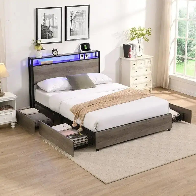 Wooden Bed Frame Storage Wingback Headboard with Charging Station and Drawers, No Box Spring Needed, Easy Assembly