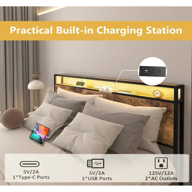 Letto Contenitore Matrimoniale Smart con Luci LED e Stazione di Ricarica, 4 Cassetti