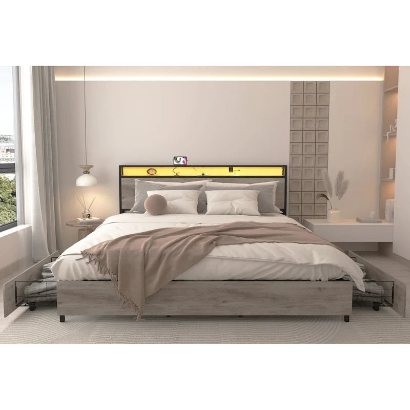 Letto Contenitore Matrimoniale Smart con Luci LED e Stazione di Ricarica, 4 Cassetti