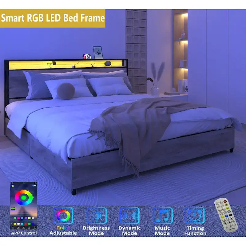 Letto Contenitore Matrimoniale Smart con Luci LED e Stazione di Ricarica, 4 Cassetti