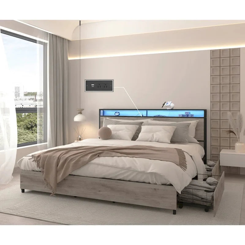 Letto Contenitore Matrimoniale Smart con Luci LED e Stazione di Ricarica, 4 Cassetti