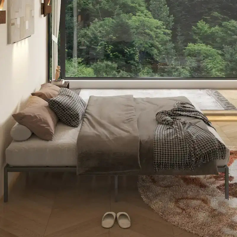 Letto a piattaforma King in metallo con testiera in legno a forma di onda