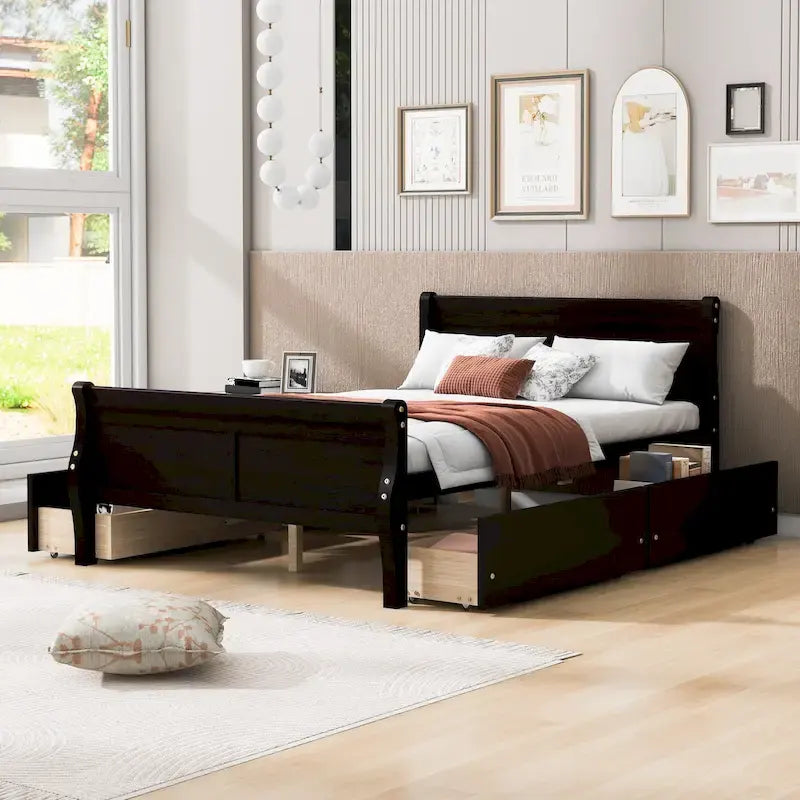 Letto a piattaforma matrimoniale in legno con 4 cassetti contenitore