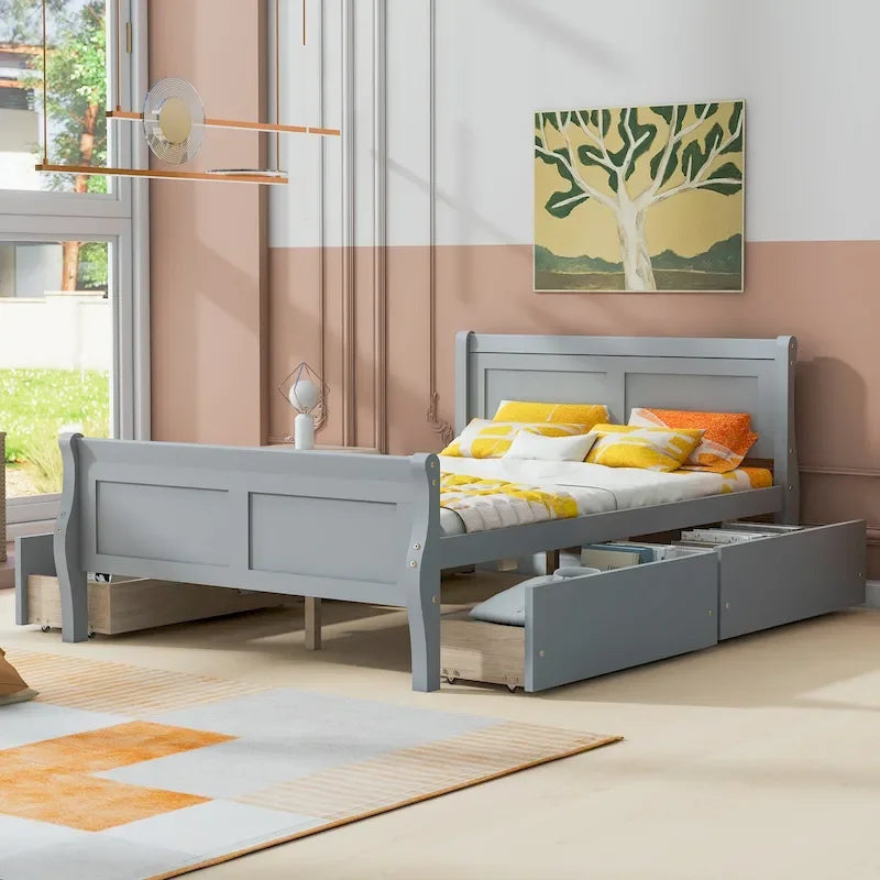 Letto a piattaforma matrimoniale in legno con 4 cassetti contenitore