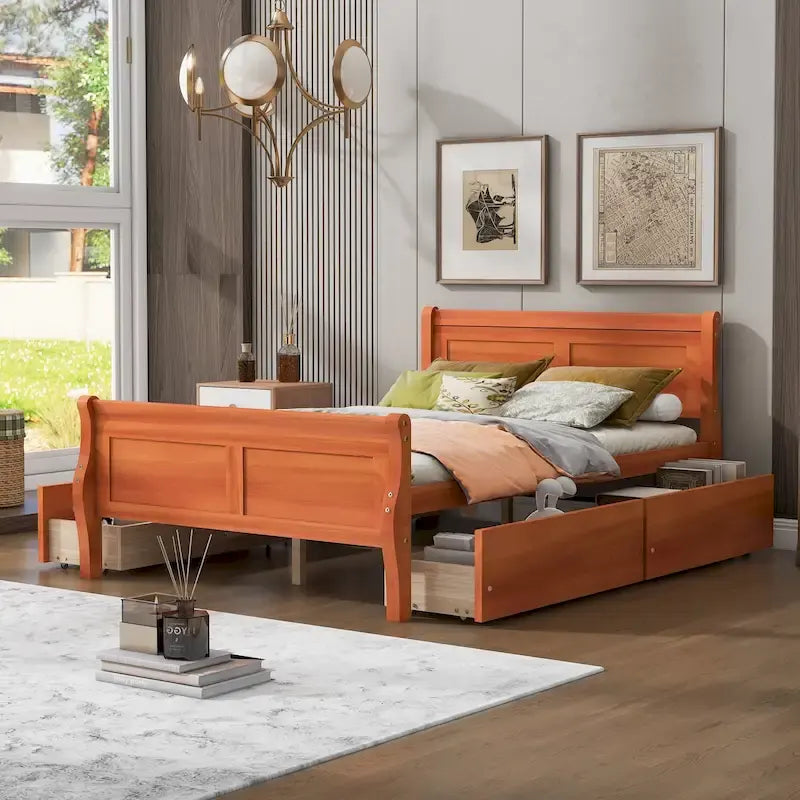 Letto a piattaforma matrimoniale in legno con 4 cassetti contenitore