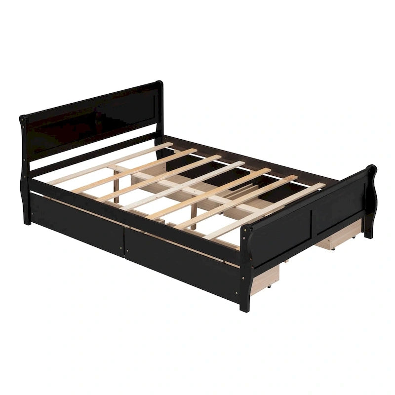 Letto a piattaforma matrimoniale in legno con 4 cassetti contenitore
