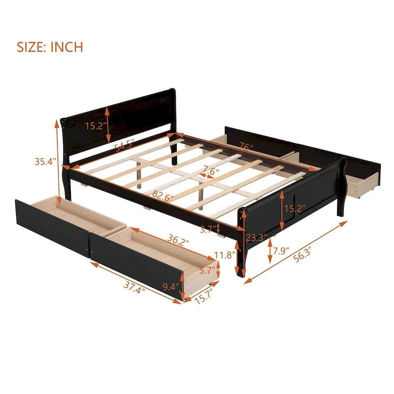 Letto a piattaforma matrimoniale in legno con 4 cassetti contenitore