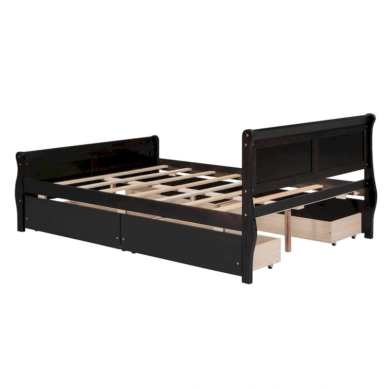 Letto a piattaforma matrimoniale in legno con 4 cassetti contenitore
