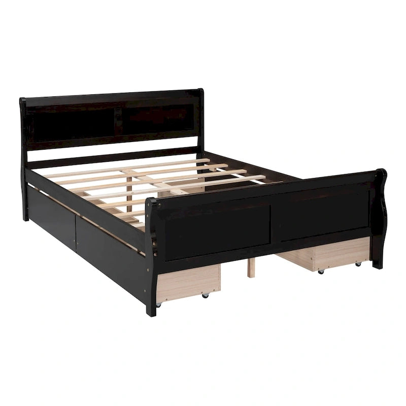 Letto a piattaforma matrimoniale in legno con 4 cassetti contenitore