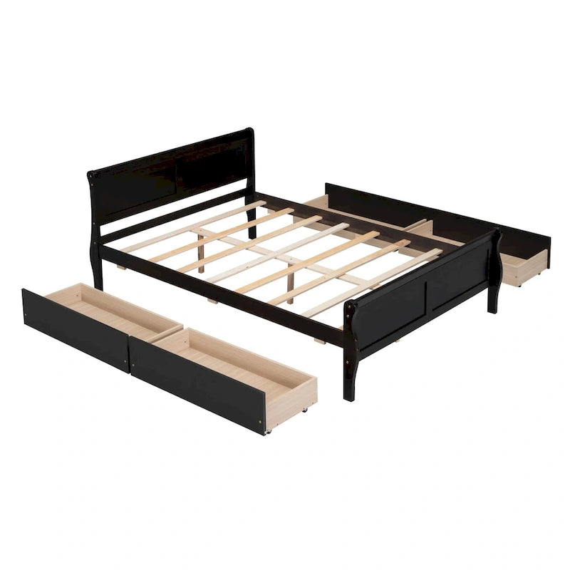 Letto a piattaforma matrimoniale in legno con 4 cassetti contenitore