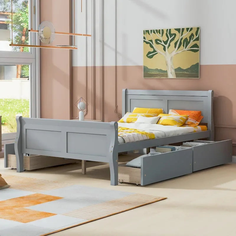 Letto a piattaforma matrimoniale in legno con 4 cassetti contenitore