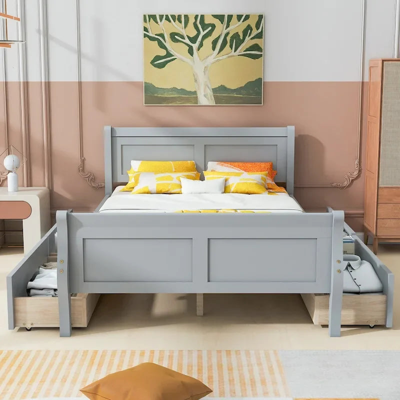 Letto a piattaforma matrimoniale in legno con 4 cassetti contenitore