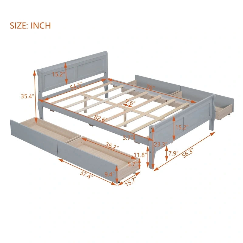 Letto a piattaforma matrimoniale in legno con 4 cassetti contenitore