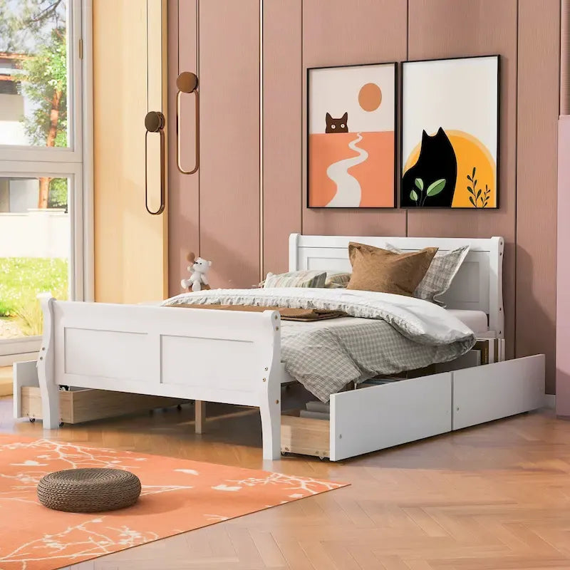 Letto a piattaforma matrimoniale in legno con 4 cassetti contenitore