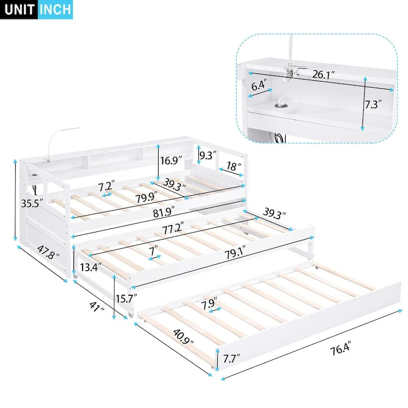Divano letto Twin XL con 2 rotelle, mensole e ricarica USB