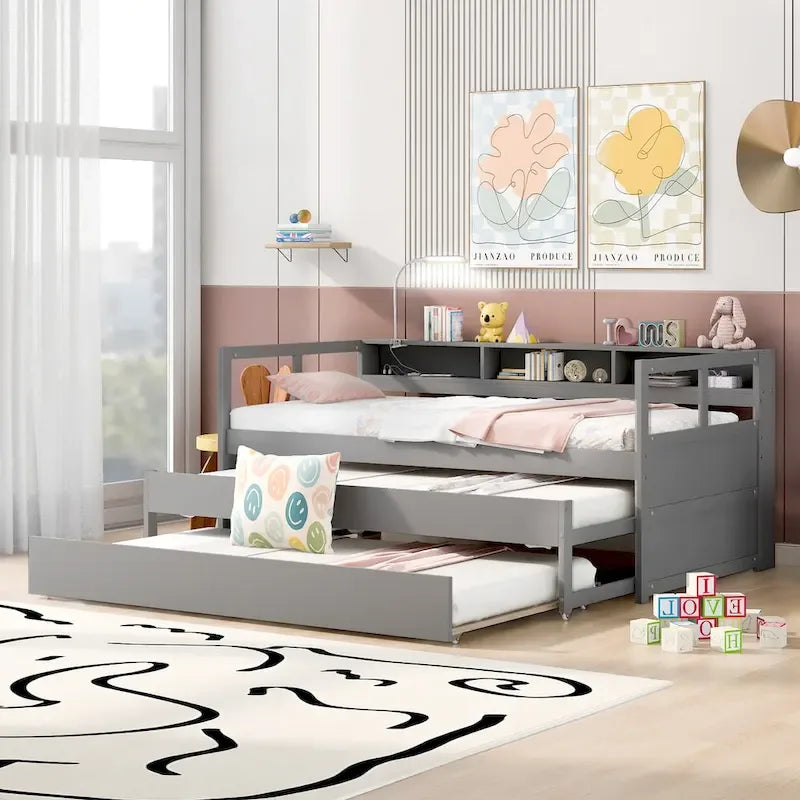 Divano letto Twin XL con 2 rotelle, mensole e ricarica USB