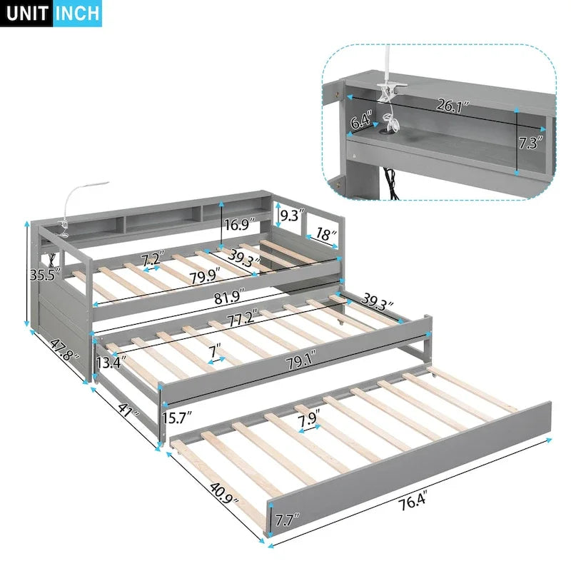 Divano letto Twin XL con 2 rotelle, mensole e ricarica USB