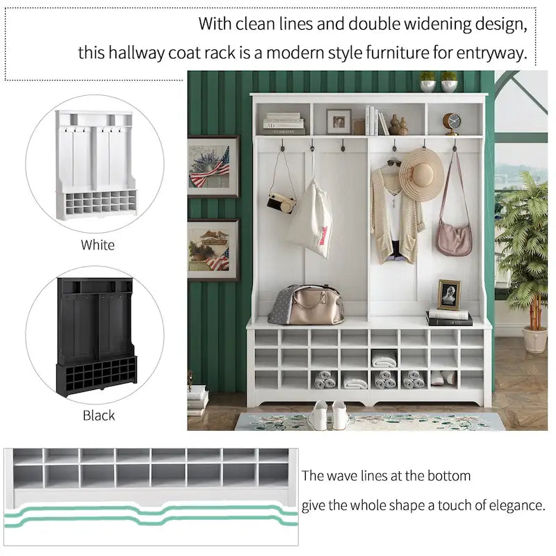 Appendiabiti da ingresso con panca, mobile ingresso da 152 cm con vani porta scarpe e ganci, bianco