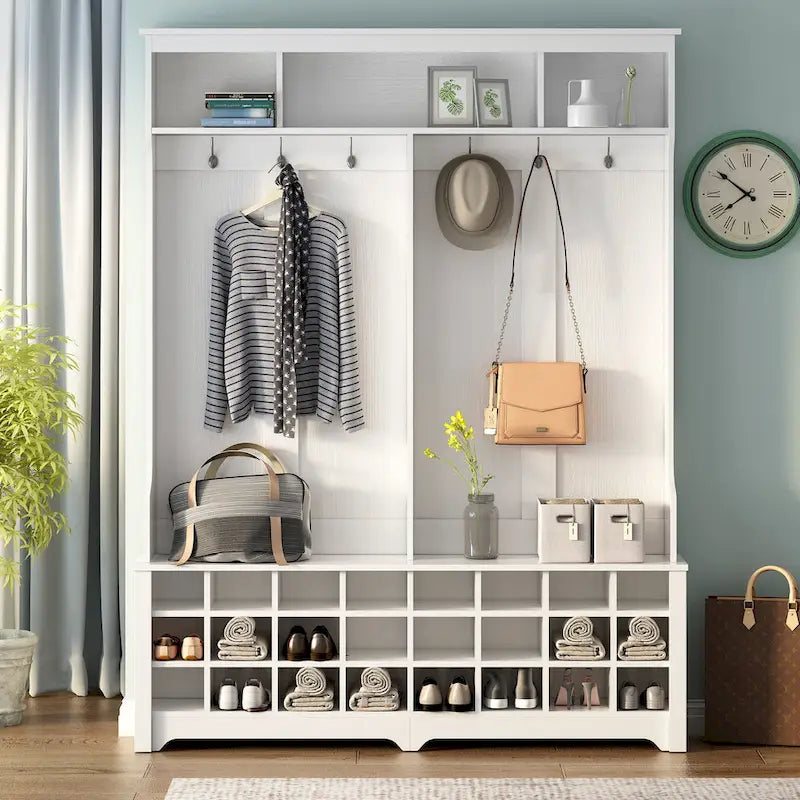 Appendiabiti da ingresso con panca, mobile ingresso da 152 cm con vani porta scarpe e ganci, bianco