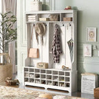Appendiabiti da ingresso con panca, mobile ingresso da 152 cm con vani porta scarpe e ganci, bianco