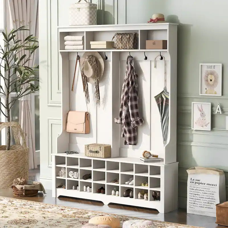 Appendiabiti da ingresso con panca, mobile ingresso da 152 cm con vani porta scarpe e ganci, bianco