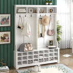 Appendiabiti da ingresso con panca, mobile ingresso da 152 cm con vani porta scarpe e ganci, bianco