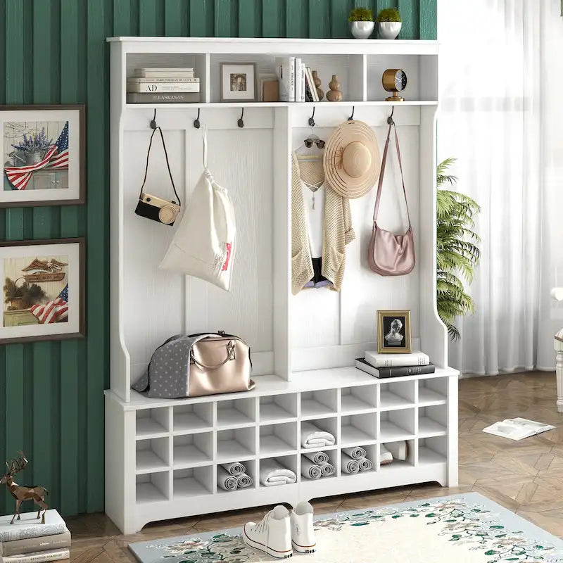 Appendiabiti da ingresso con panca, mobile ingresso da 152 cm con vani porta scarpe e ganci, bianco