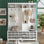 Appendiabiti da ingresso con panca, mobile ingresso da 152 cm con vani porta scarpe e ganci, bianco