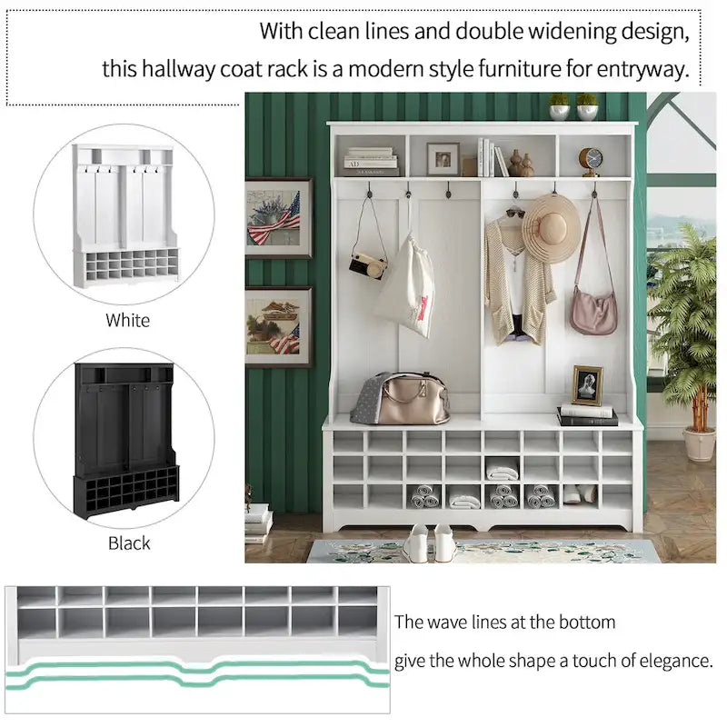 Appendiabiti da ingresso con panca, mobile ingresso da 152 cm con vani porta scarpe e ganci, bianco
