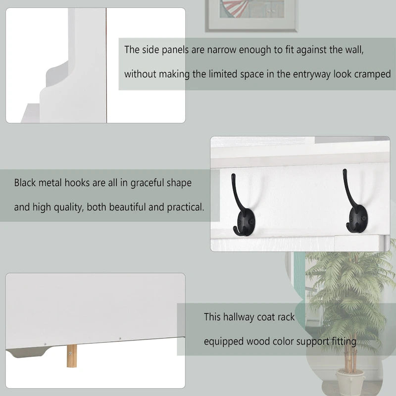 Appendiabiti da ingresso con panca, mobile ingresso da 152 cm con vani porta scarpe e ganci, bianco