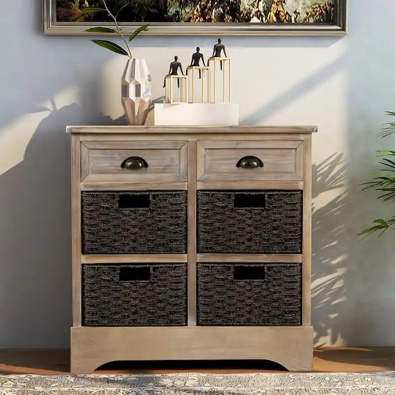 Mobile contenitore con 2 cassetti e 4 cestini in rattan