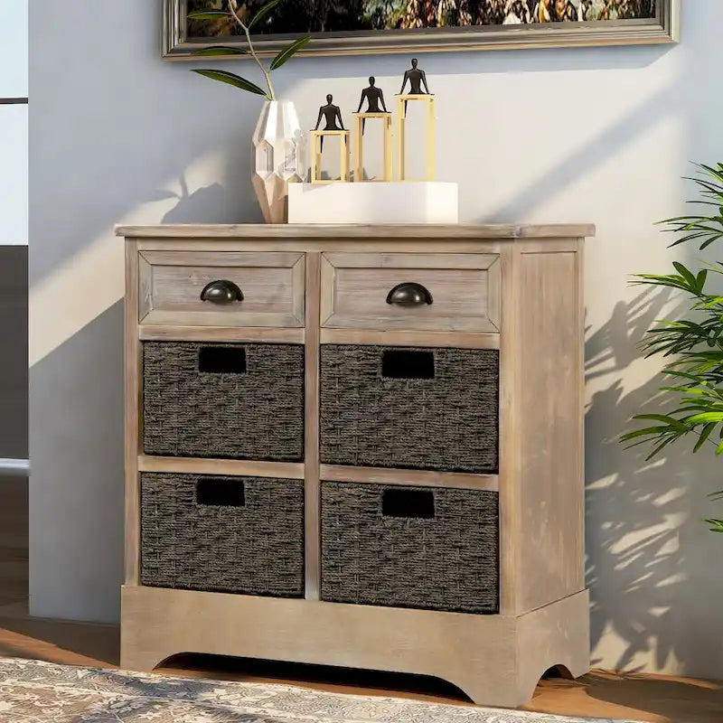 Mobile contenitore con 2 cassetti e 4 cestini in rattan