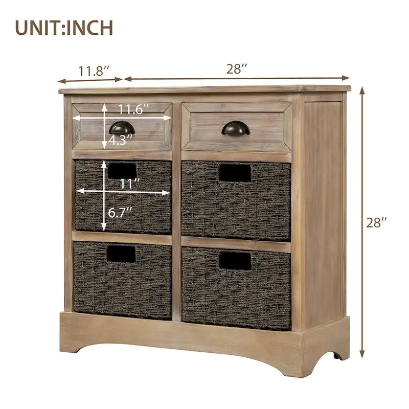Mobile contenitore con 2 cassetti e 4 cestini in rattan