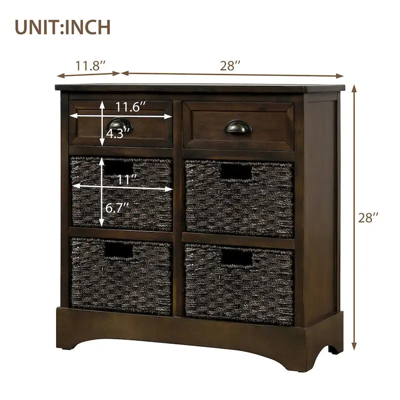 Mobile contenitore con 2 cassetti e 4 cestini in rattan