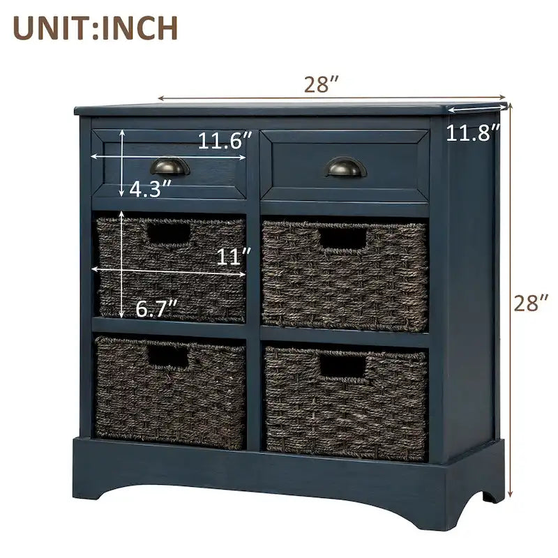 Mobile contenitore con 2 cassetti e 4 cestini in rattan