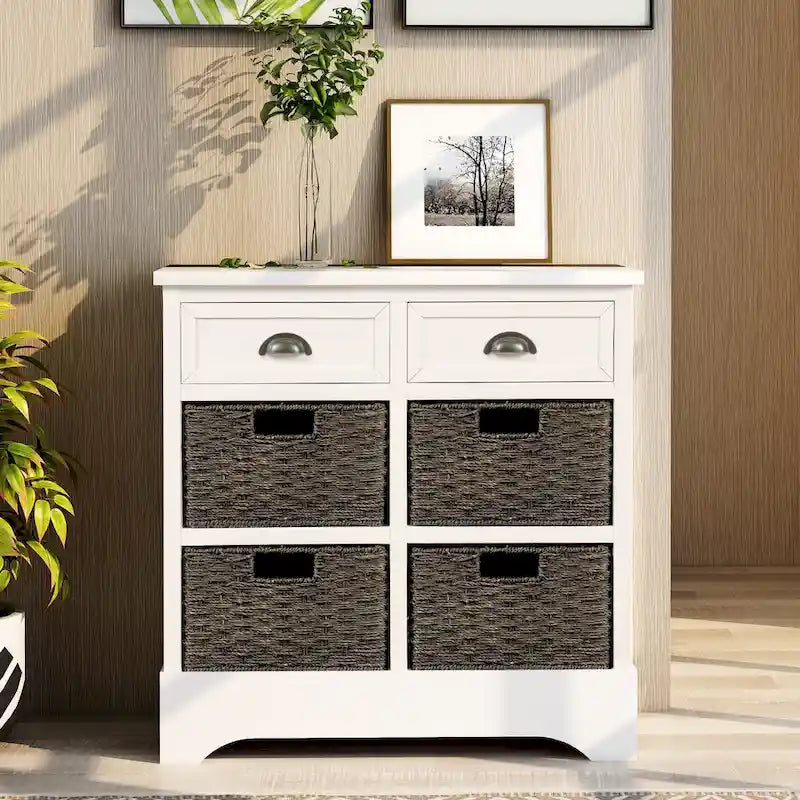 Mobile contenitore con 2 cassetti e 4 cestini in rattan