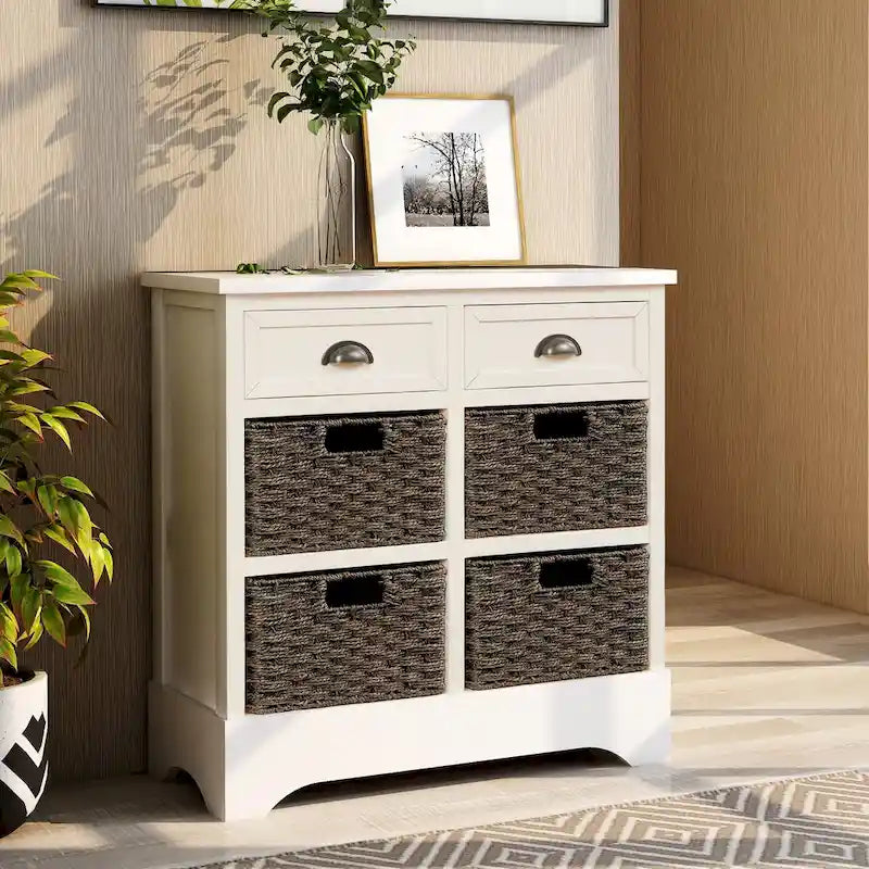 Mobile contenitore con 2 cassetti e 4 cestini in rattan