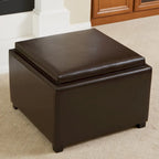 Pouf contenitore con vassoio superiore in similpelle marrone