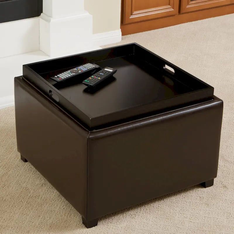 Pouf contenitore con vassoio superiore in similpelle marrone