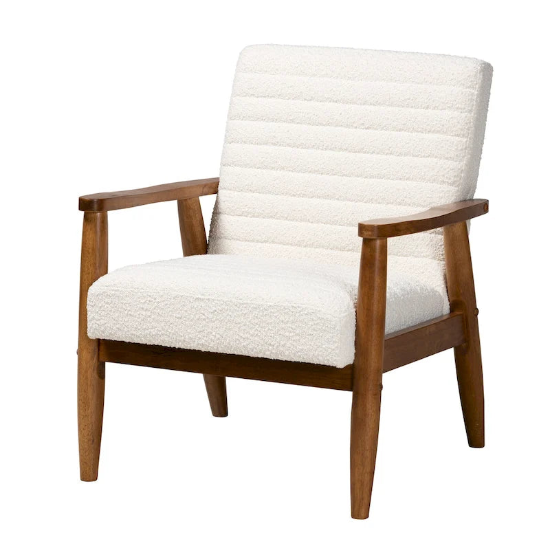 Poltrona Mid-Century Moderna in Tessuto Bouclé Crema con Gambe in Legno Noce Marrone