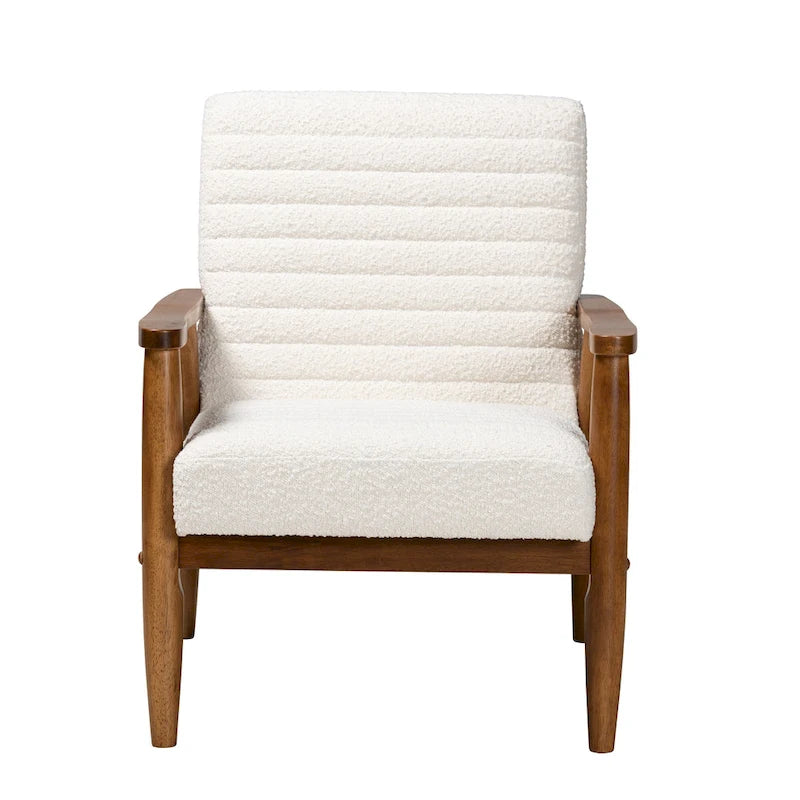 Poltrona Mid-Century Moderna in Tessuto Bouclé Crema con Gambe in Legno Noce Marrone