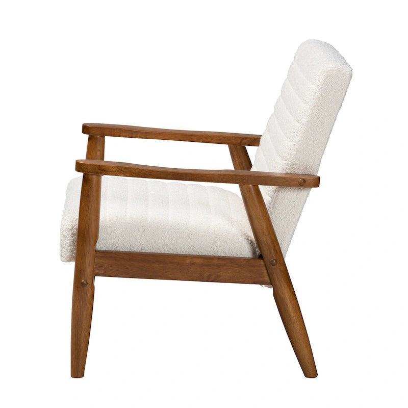 Poltrona Mid-Century Moderna in Tessuto Bouclé Crema con Gambe in Legno Noce Marrone