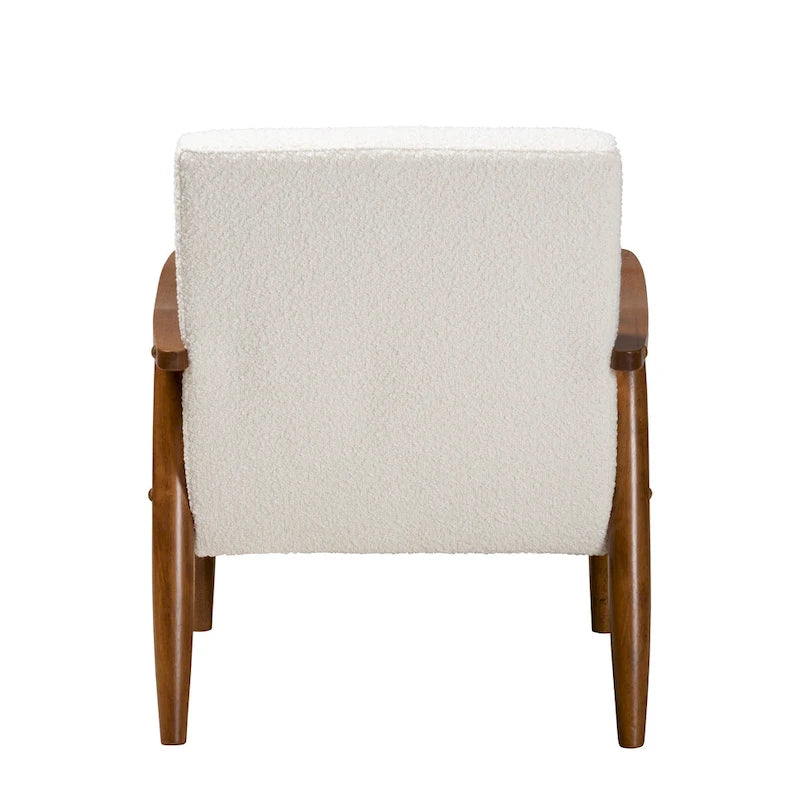 Poltrona Mid-Century Moderna in Tessuto Bouclé Crema con Gambe in Legno Noce Marrone
