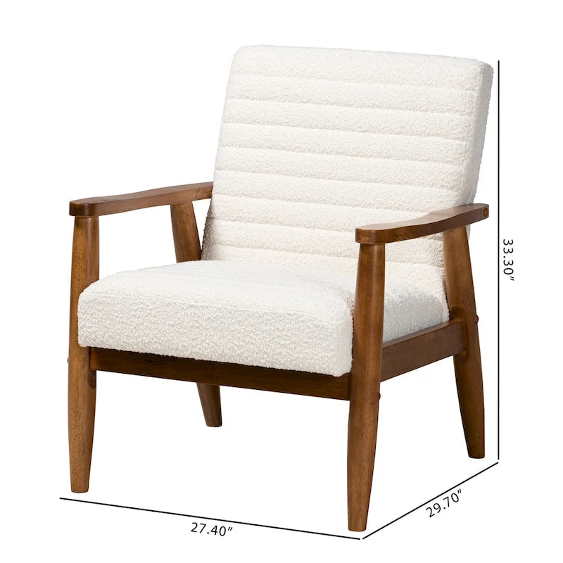 Poltrona Mid-Century Moderna in Tessuto Bouclé Crema con Gambe in Legno Noce Marrone