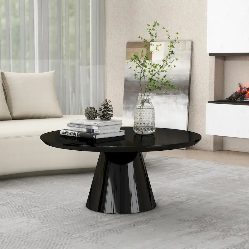 Tavolino da caffè moderno a cono per soggiorno, finitura lucida, diametro 90 cm, nero o bianco